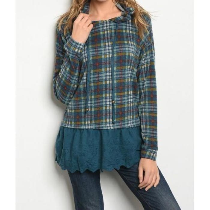 Plaid Tunic Length Hoodie - Hoodie