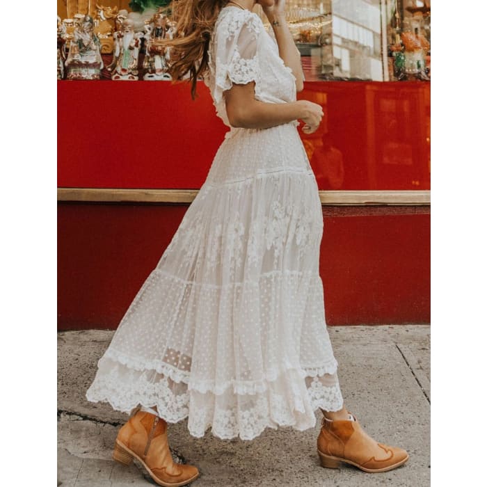 folklore white swiss dot lace tiered midi dress Folklore White Swiss Dot Lace Tiered Midi