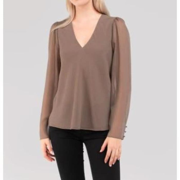 Taupe Sheer Sleeve Blouse - Blouse