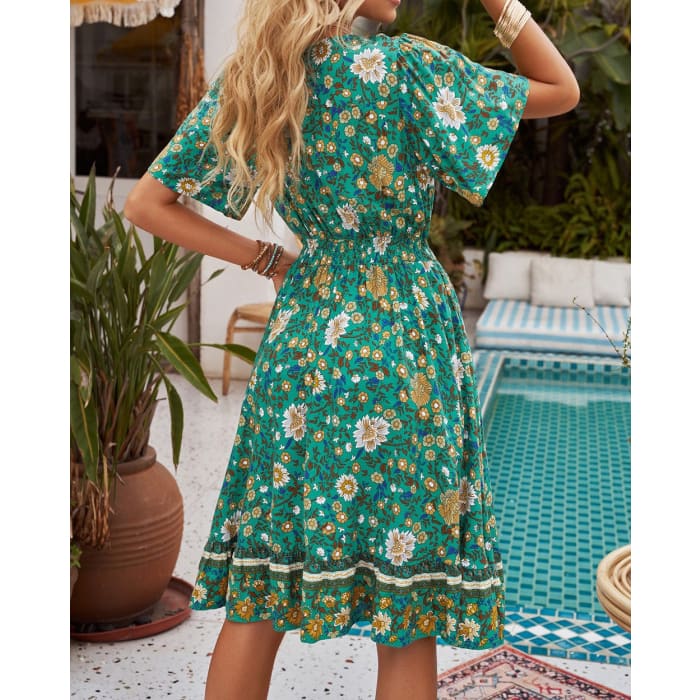 Teal Floral Dress - Dresses