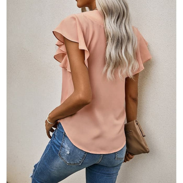 Tie Front Flutter Sleeve Blouse - Shirts & Tops