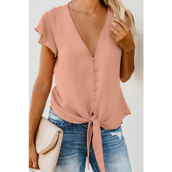 Tie Front Flutter Sleeve Blouse - Shirts & Tops