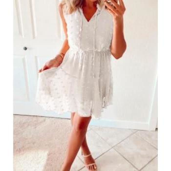 White Frayed Dot Popover - Dress