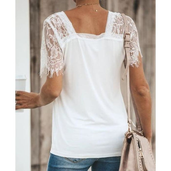 White Lace Sleeve V-Neck - Top