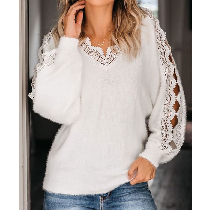 White Open Lacework Soft Sweater - Sweater