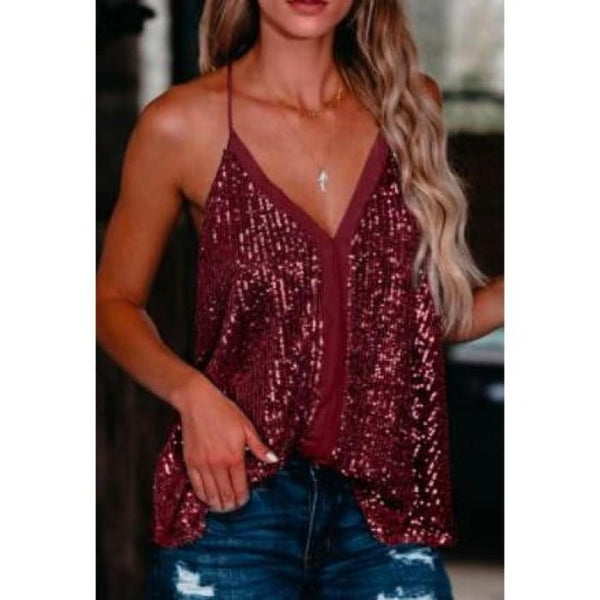 Wine Sequin T-Back Cami - Tank