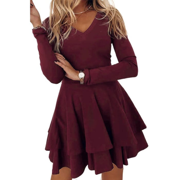 Wine Tiered Mini Dress - Dress