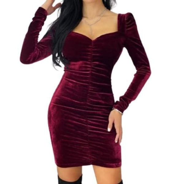 Wine Velvet Ruched Dress - Dresses