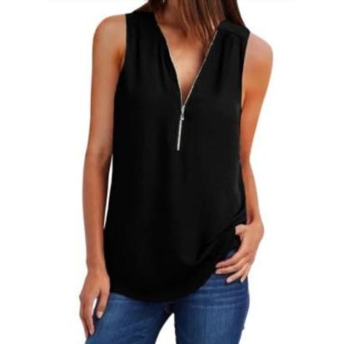 Zip Front Sleeveless Top - Black - Top